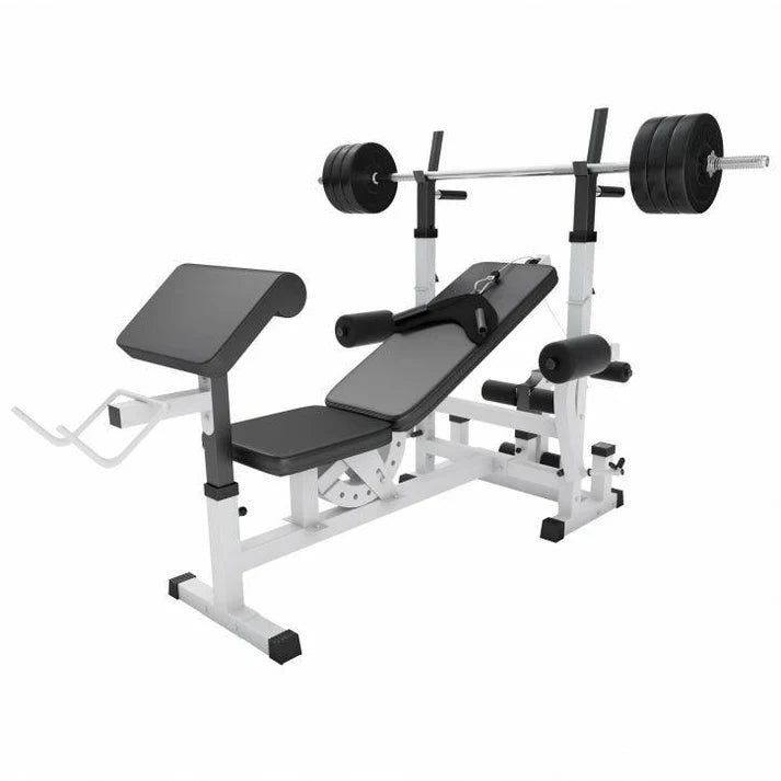 Reguliuojamas sunkiosios atletikos suolas + 100 kg štangos rinkinys, baltas