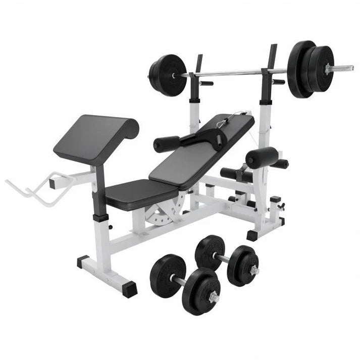 Reguliuojamas sunkiosios atletikos suolas + 100 kg štangos rinkinys, baltas