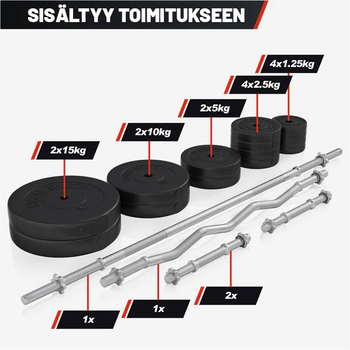 Sulankstomas svorių suolelis + 100 kg štangos rinkinys