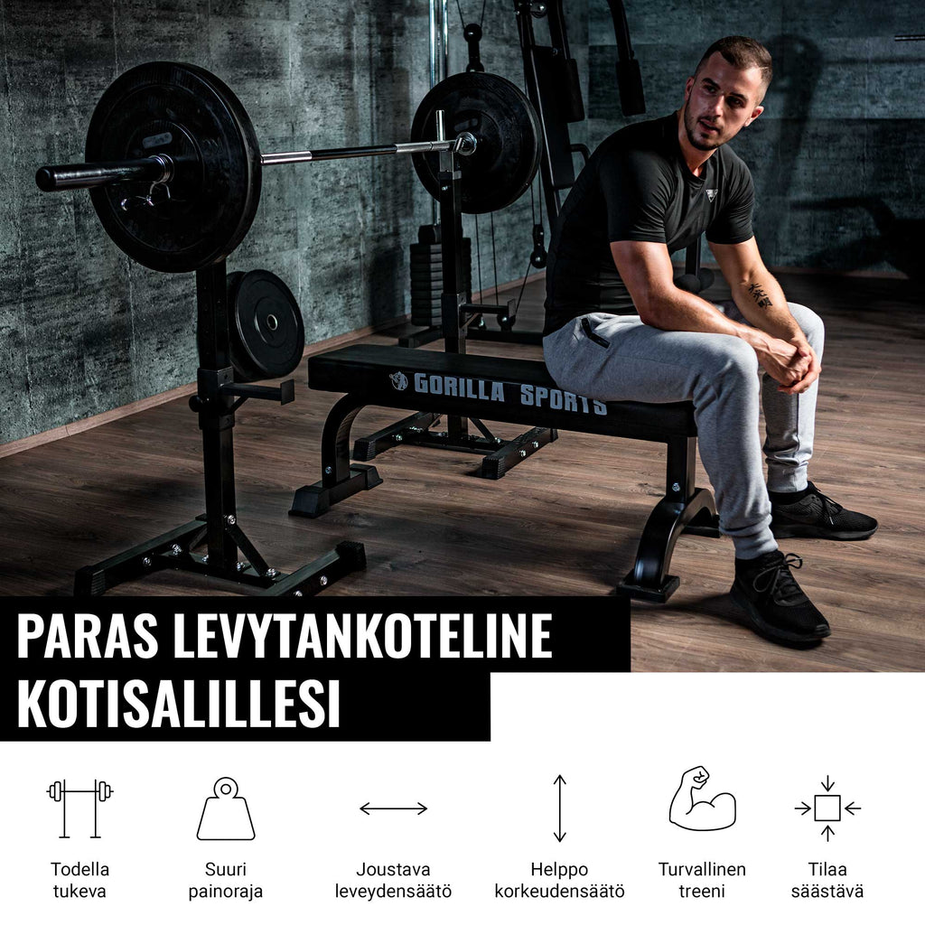 Reguliuojami pritūpimų stovai su apsauginiais laikikliais, juodi