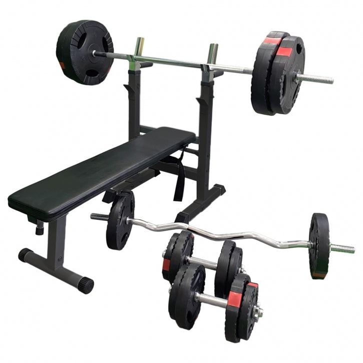Reguliuojamas svorių kilnojimo suolas + 100 kg Tri Grip rinkinys, juodas