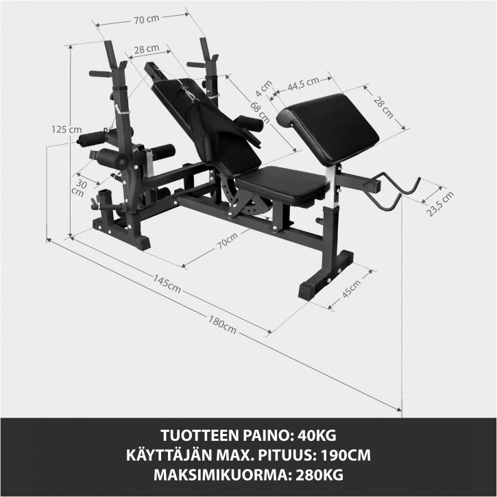Reguliuojamas daugiafunkcis suoliukas max 280 kg, Black Edition