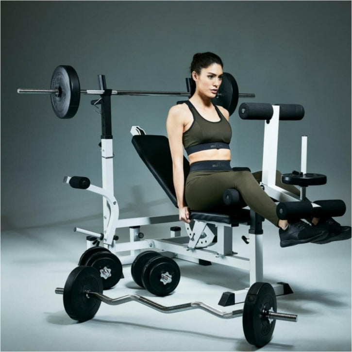 Reguliuojamas daugiafunkcis suoliukas max 280 kg, baltas