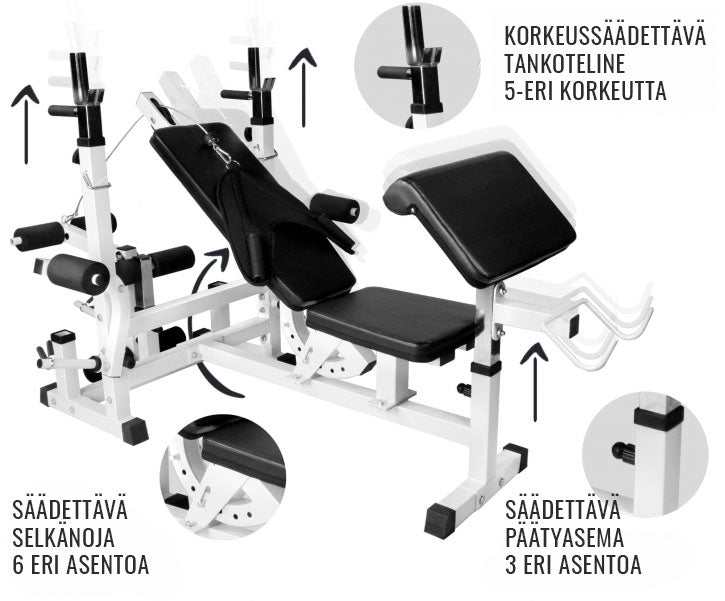 Reguliuojamas daugiafunkcis suoliukas max 280 kg, baltas