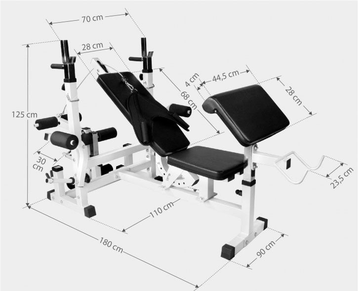 Reguliuojamas sunkiosios atletikos suolas + 100 kg štangos rinkinys, baltas