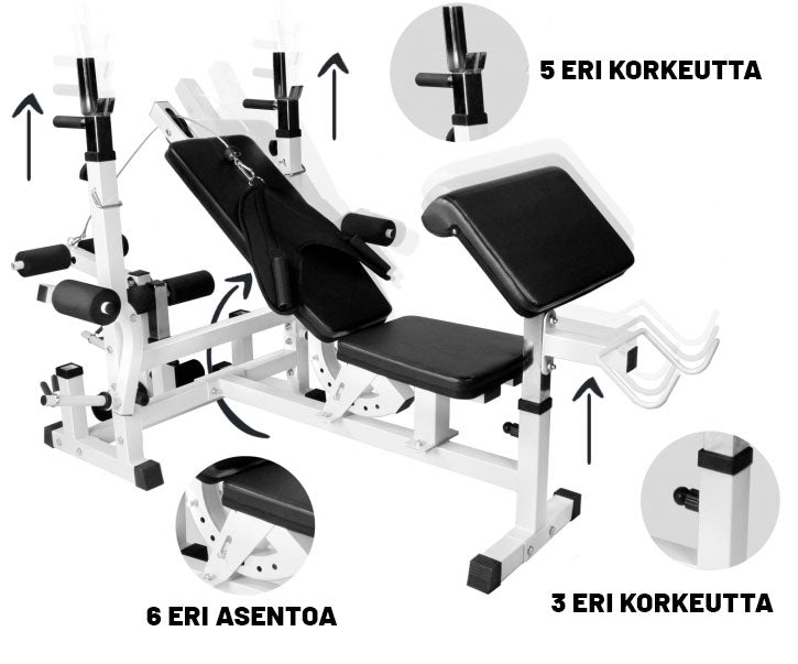 Universalus sunkumų kilnojimo suolas + 108 kg štangos rinkinys