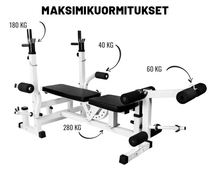 Universalus sunkumų kilnojimo suolas + 108 kg štangos rinkinys