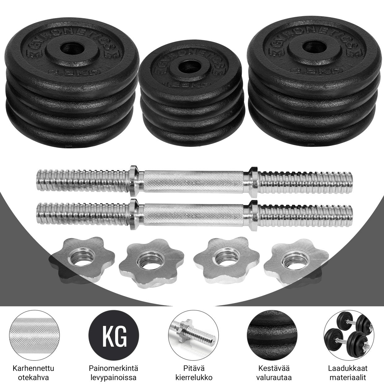 Ketaus hantelių rinkinys 30 kg su srieginiais užraktais, 25mm
