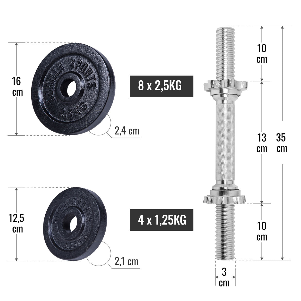 Reguliuojami ketaus hanteliai 30 kg, 2 vnt.