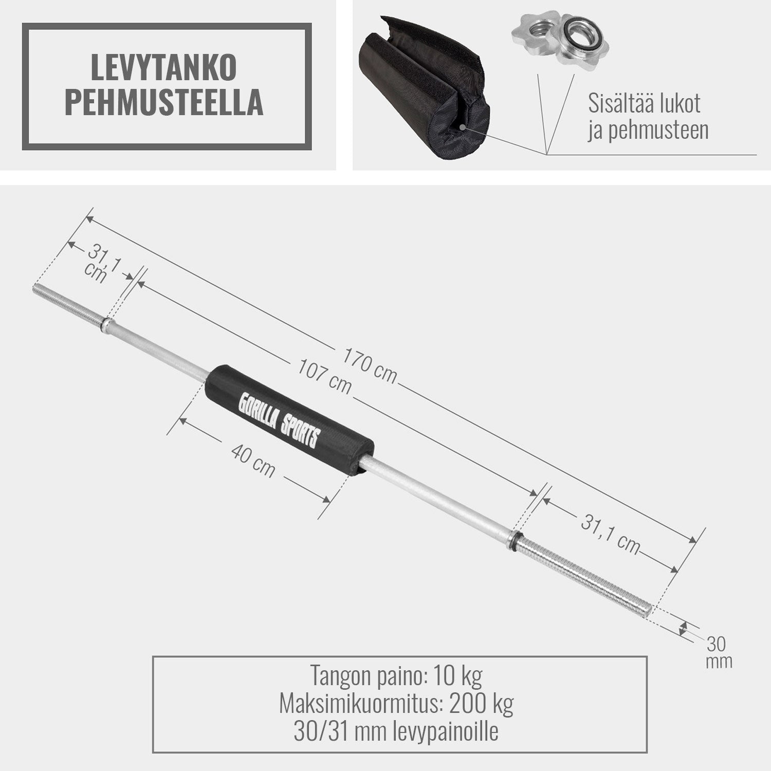 Tiesi štanga 170 cm su srieginiais užraktais ir štangos paminkštinimu