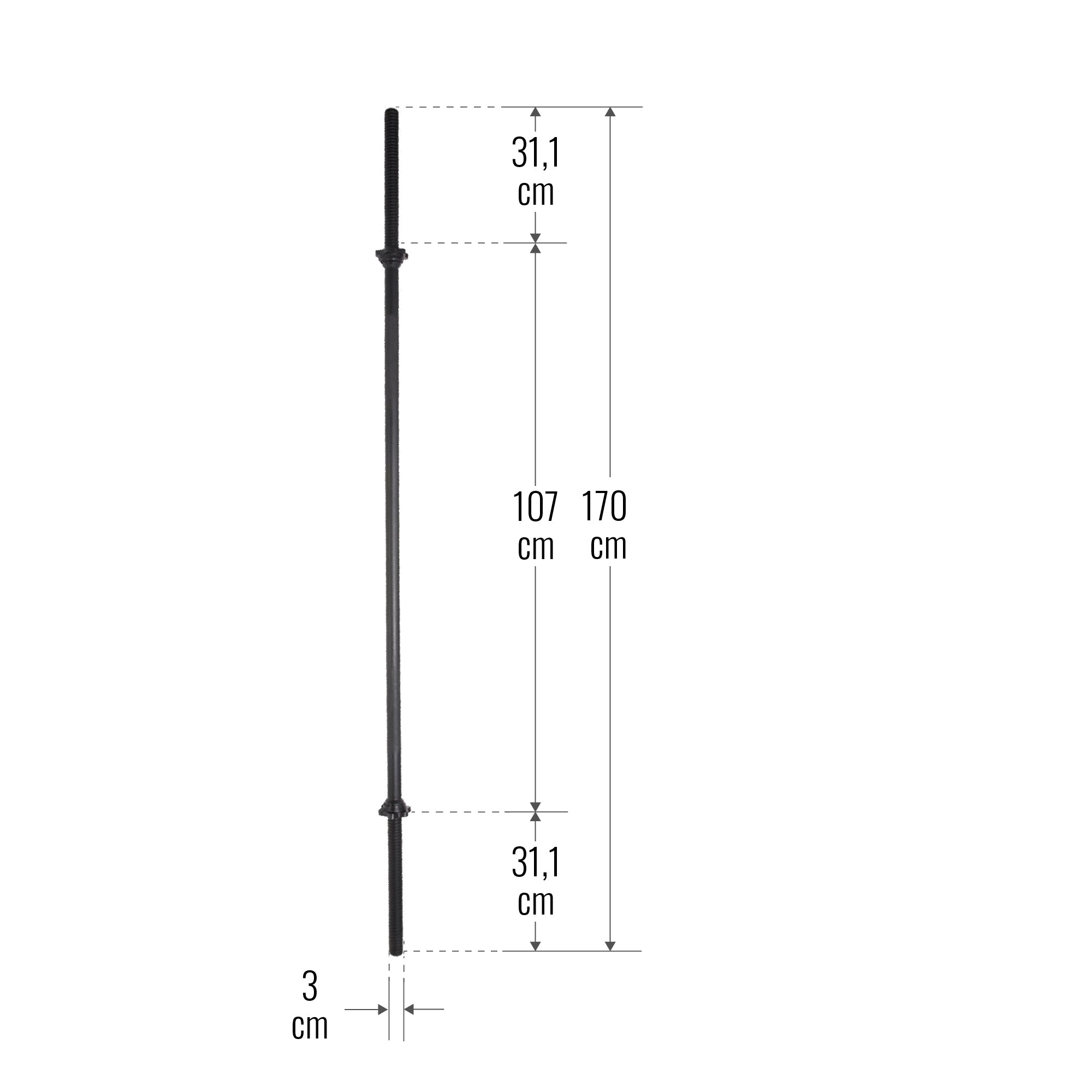 Tiesi štanga 170 cm su srieginiais užraktais, 30 mm
