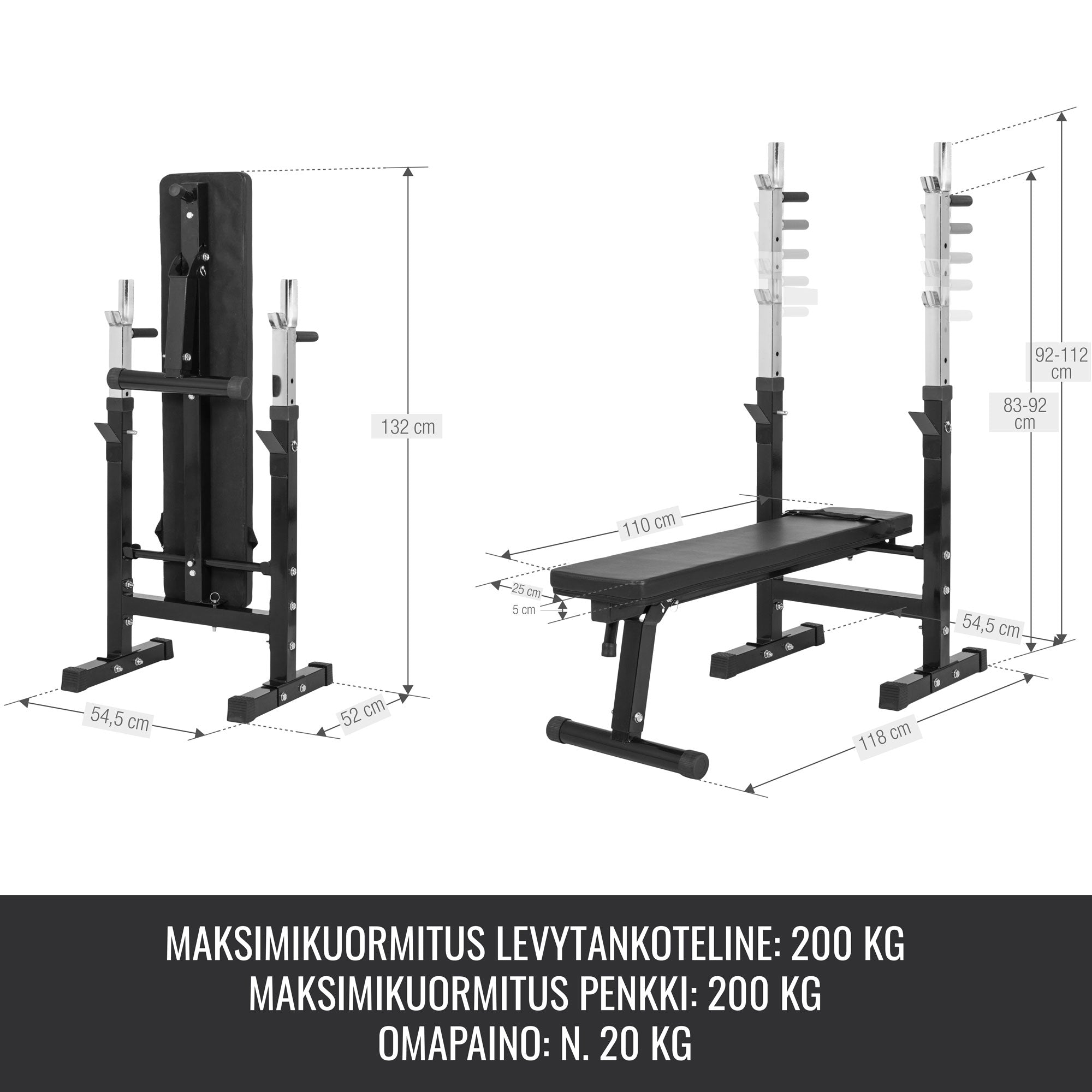 Reguliuojamas svorių kilnojimo suoliukas ir štangos komplektas 100 kg