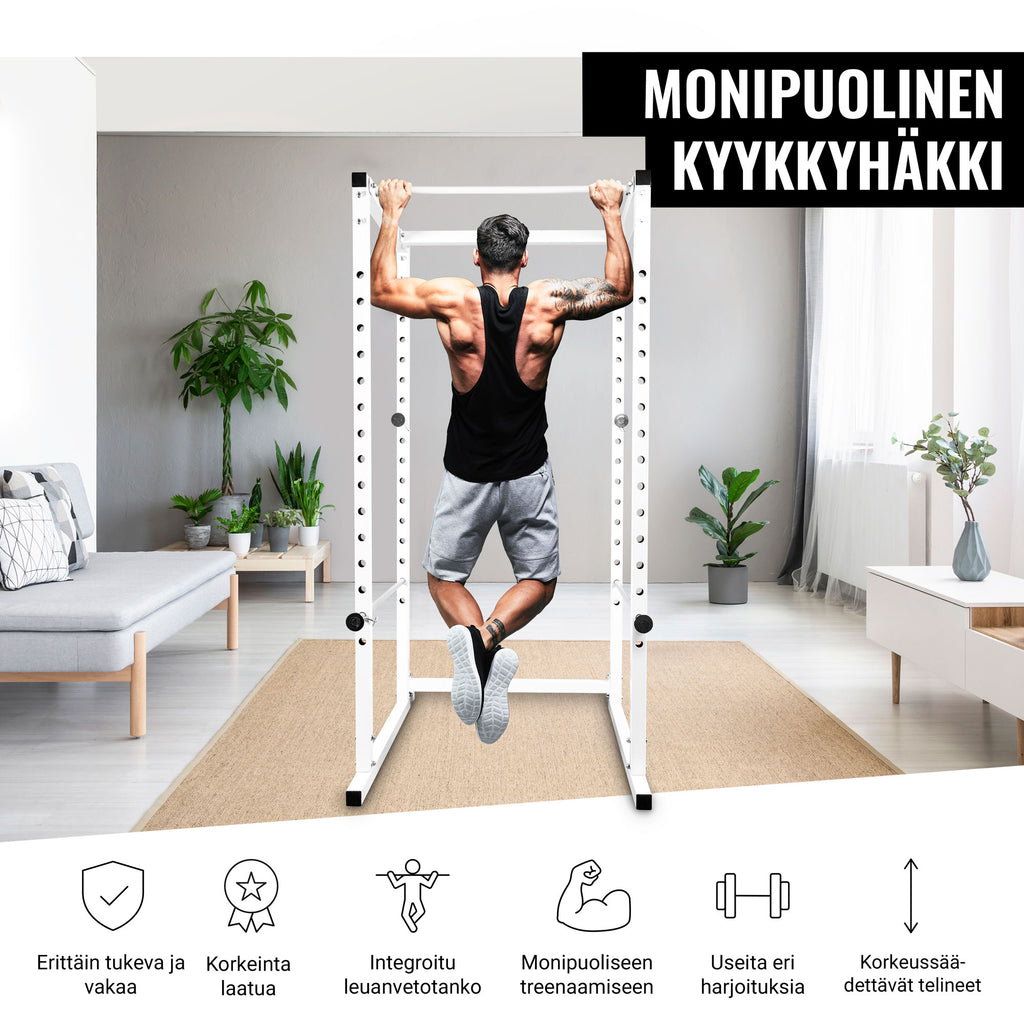 OUTLET - Power Rack -kyykkyhäkki turvaraudoilla ja leuanvetotangolla
