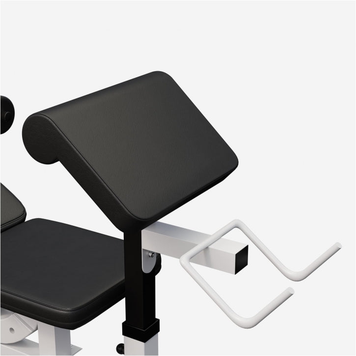 Reguliuojamas sunkiosios atletikos suolas + 100 kg štangos rinkinys, baltas