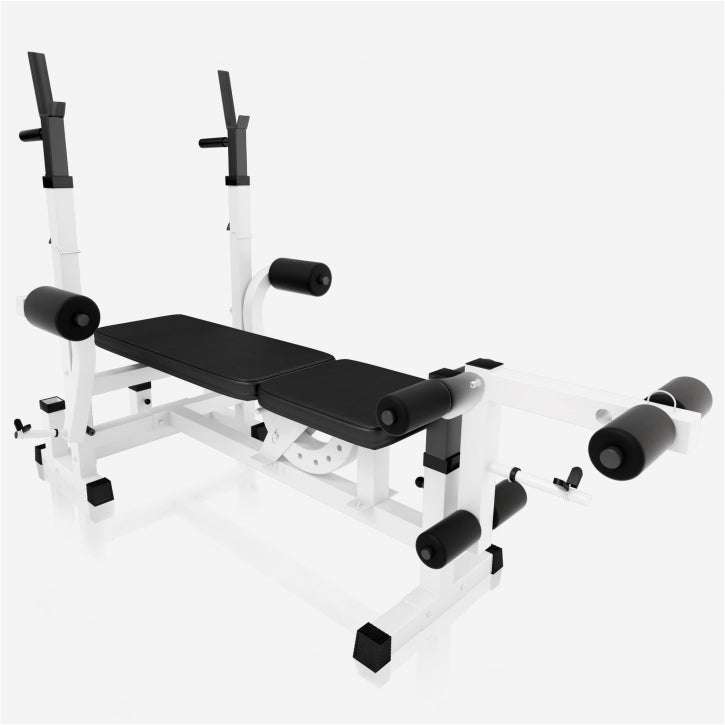 Reguliuojamas sunkiosios atletikos suolas + 100 kg štangos rinkinys, baltas