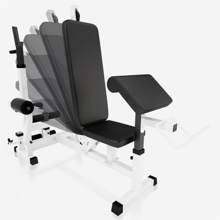 Reguliuojamas sunkiosios atletikos suolas + 100 kg štangos rinkinys, baltas