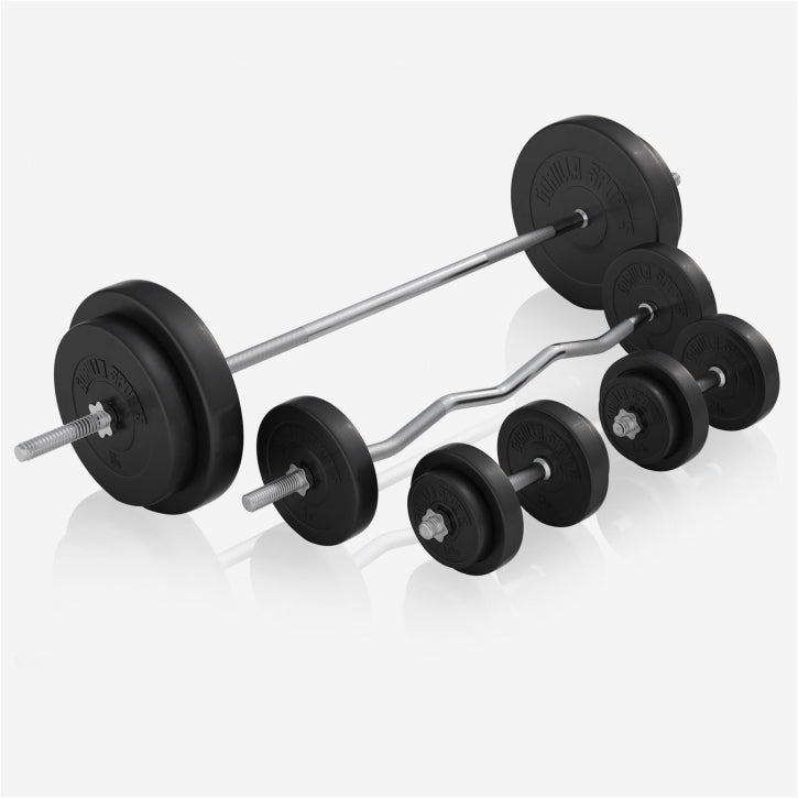 Reguliuojamas sunkiosios atletikos suolas + 100 kg štangos rinkinys, baltas