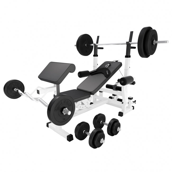 Reguliuojamas sunkiosios atletikos suolas + 100 kg štangos rinkinys, baltas