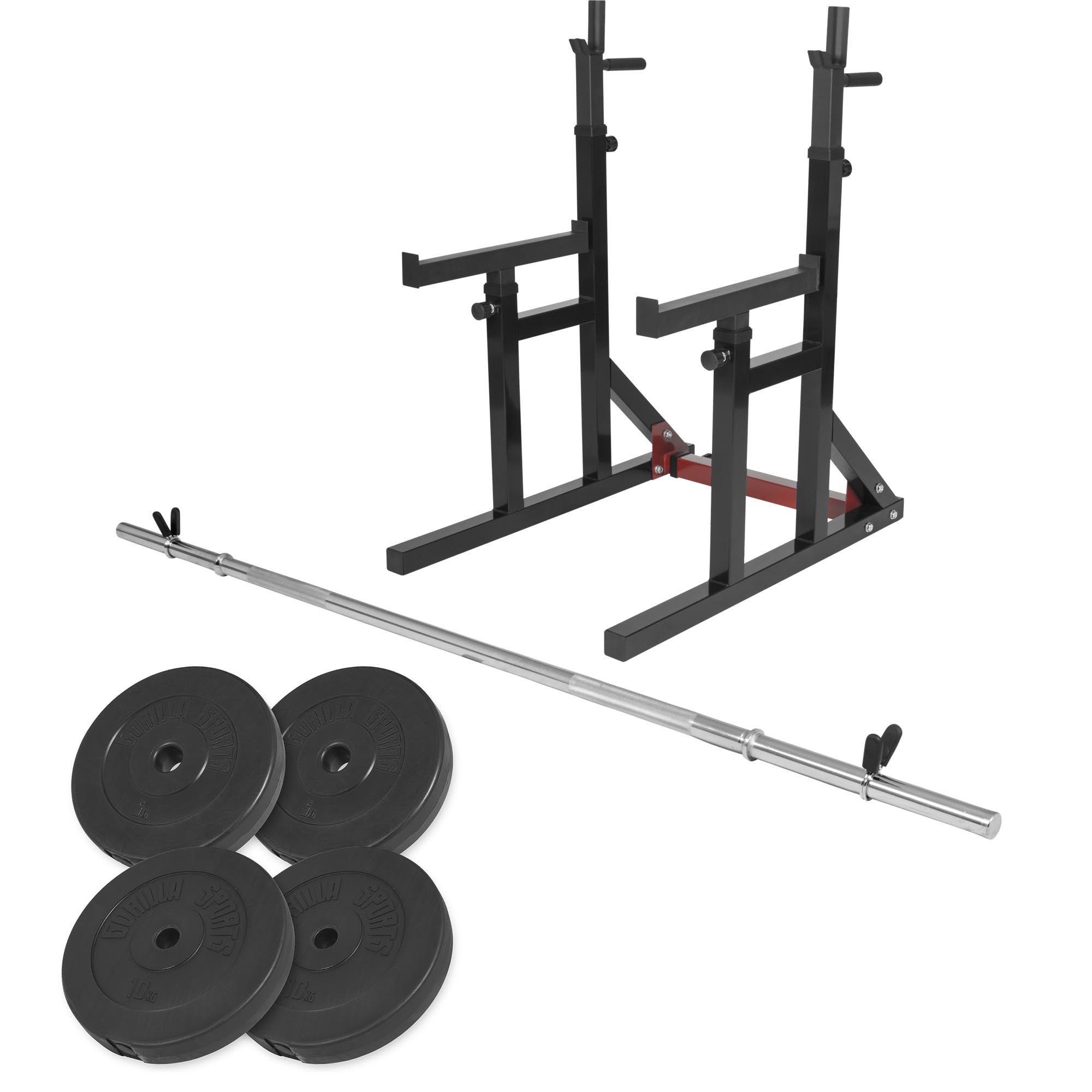 Reguliuojamas pritūpimų stovas su 40 kg štangos rinkiniu