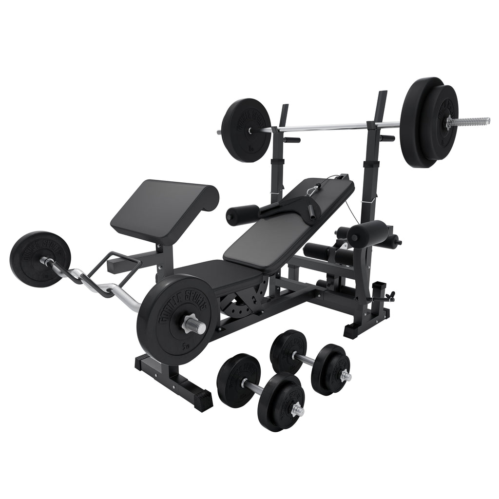 Reguliuojamas sunkumų kilnojimo suolas + 100 kg štangos rinkinys, Black Edition