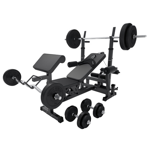 Reguliuojamas sunkumų kilnojimo suolas + 100 kg štangos rinkinys, Black Edition