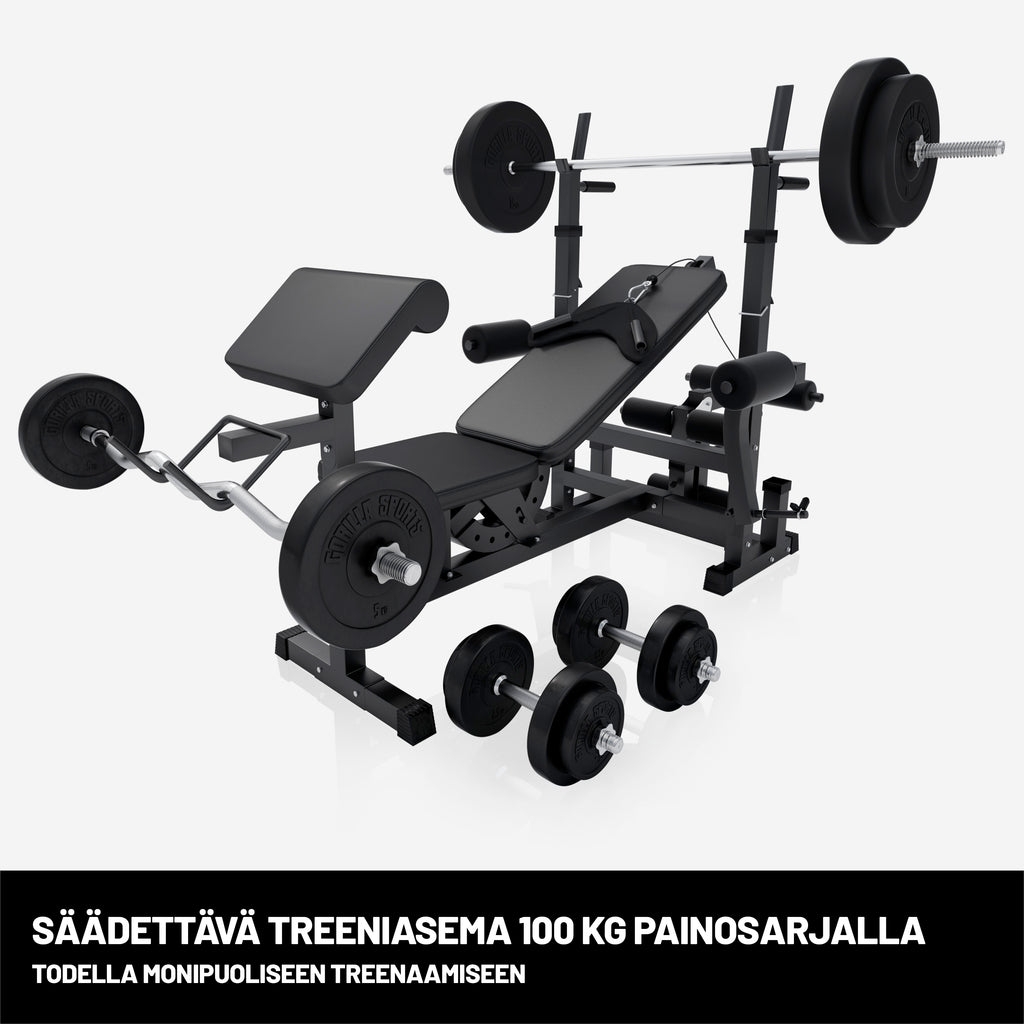 Reguliuojamas sunkumų kilnojimo suolas + 100 kg štangos rinkinys, Black Edition