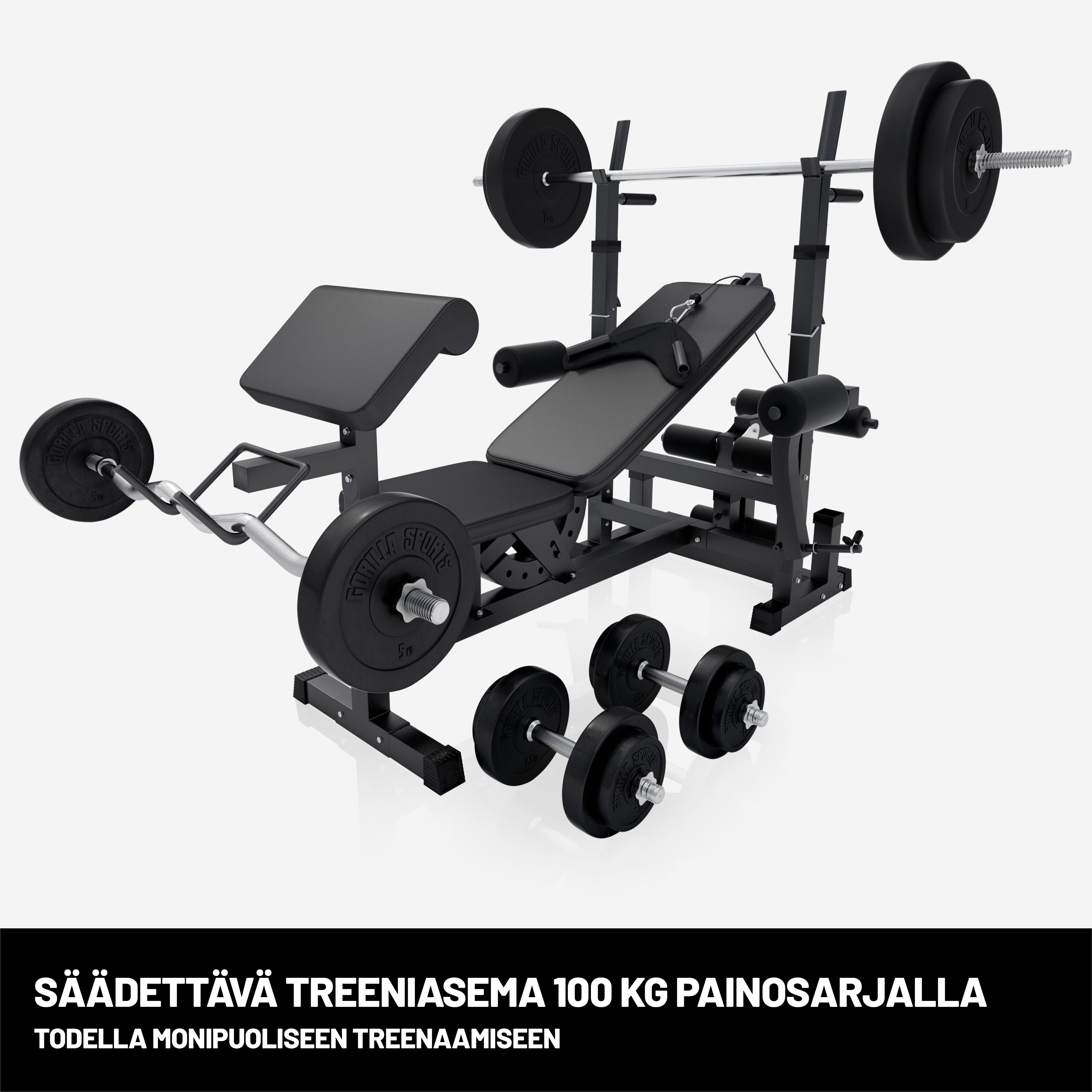 Reguliuojamas sunkumų kilnojimo suolas + 100 kg štangos rinkinys, Black Edition