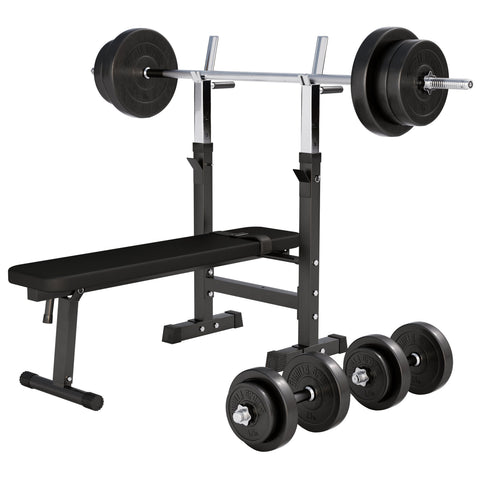 Reguliuojamas sunkumų kilnojimo suolas + 70 kg štangos rinkinys