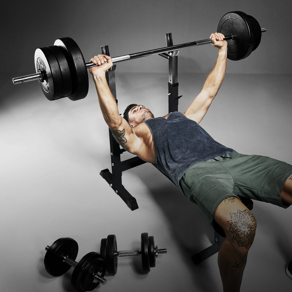 Reguliuojamas sunkumų kilnojimo suolas + 70 kg štangos rinkinys