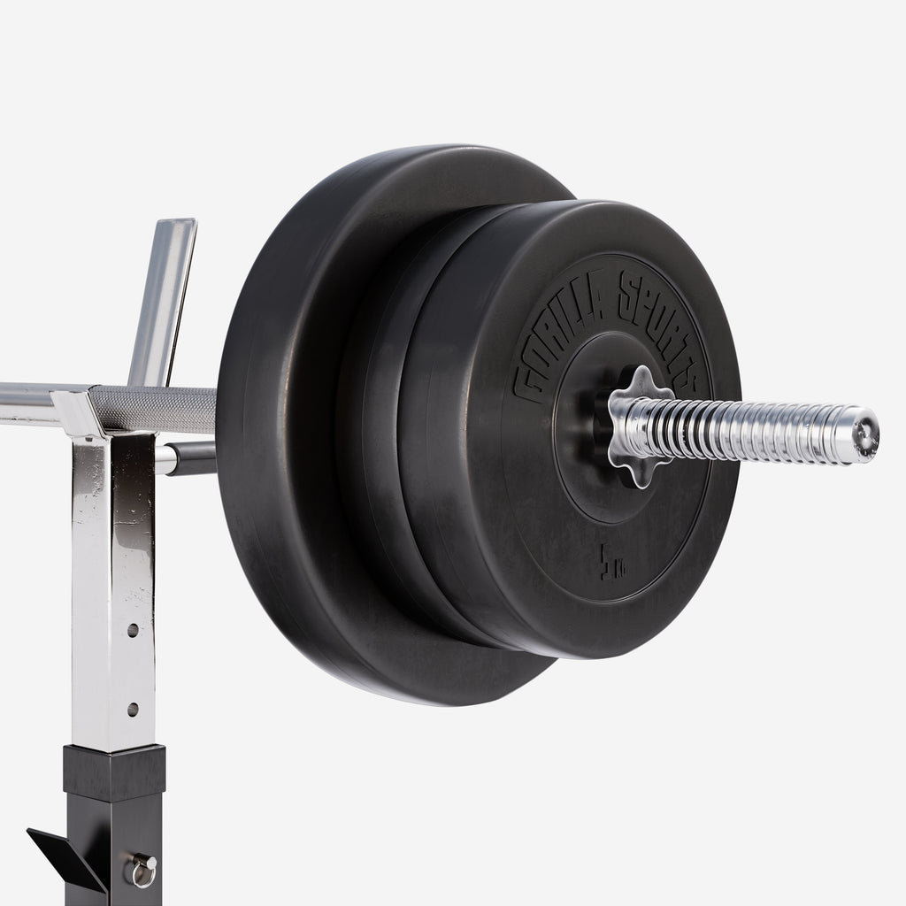 Reguliuojamas sunkumų kilnojimo suolas + 70 kg štangos rinkinys