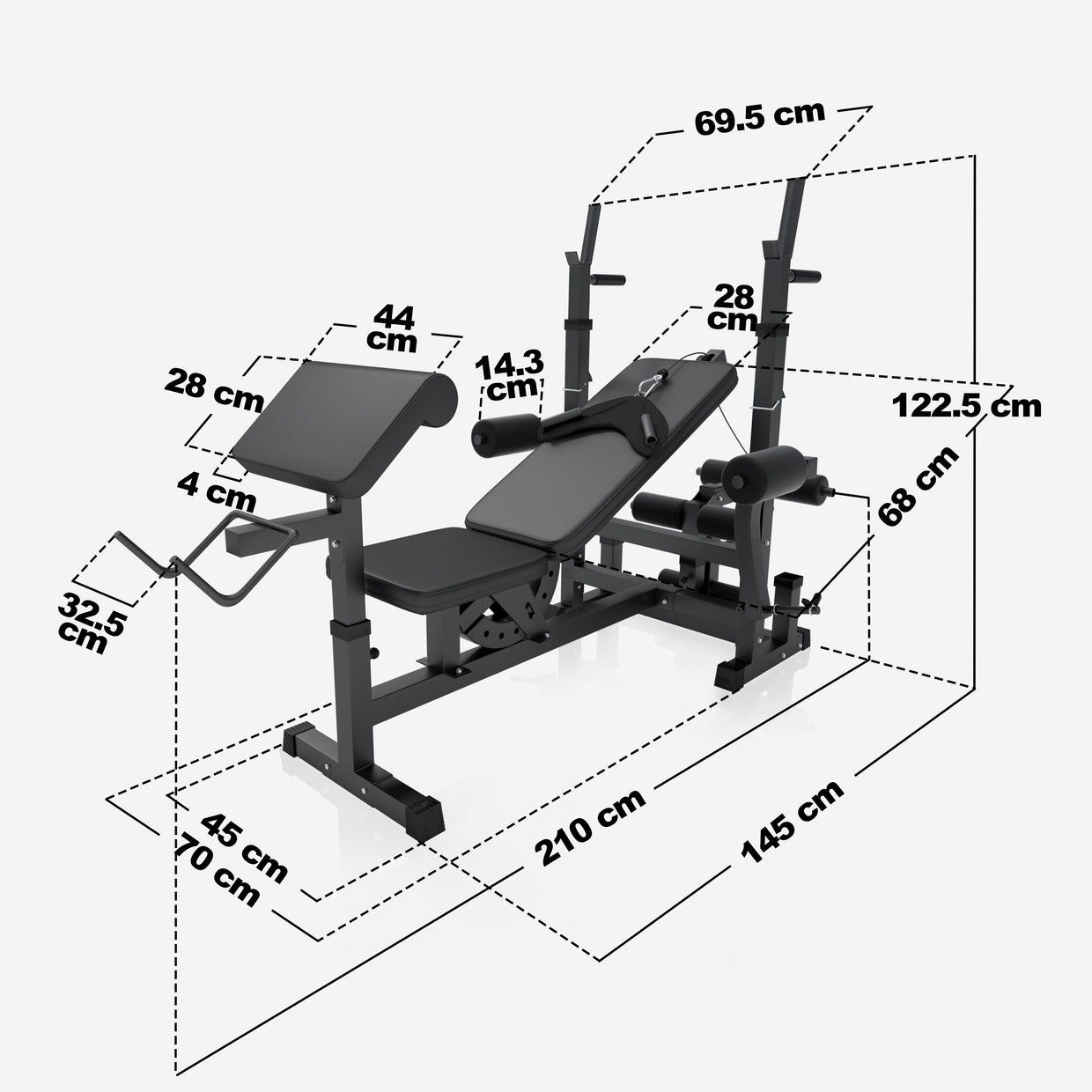 Reguliuojamas daugiafunkcis suoliukas max 280 kg, Black Edition