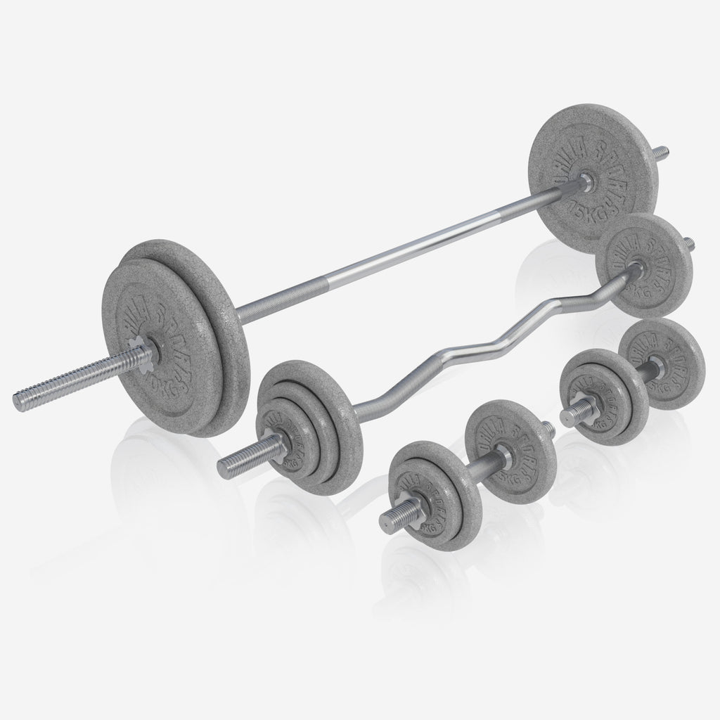 Reguliuojamas svorių kilnojimo suoliukas + štangos rinkinys 108 kg