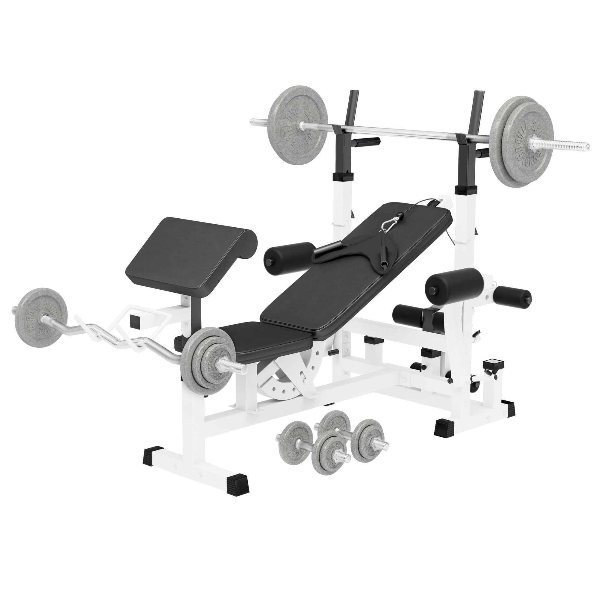 Reguliuojamas svorių kilnojimo suoliukas + štangos rinkinys 108 kg