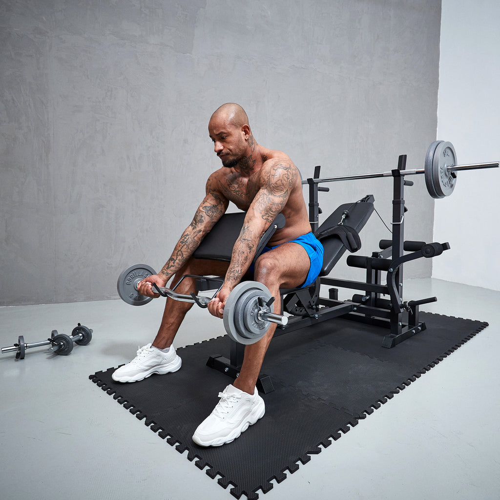 Daugiafunkcė treniruočių stotis + štangos rinkinys 108 kg