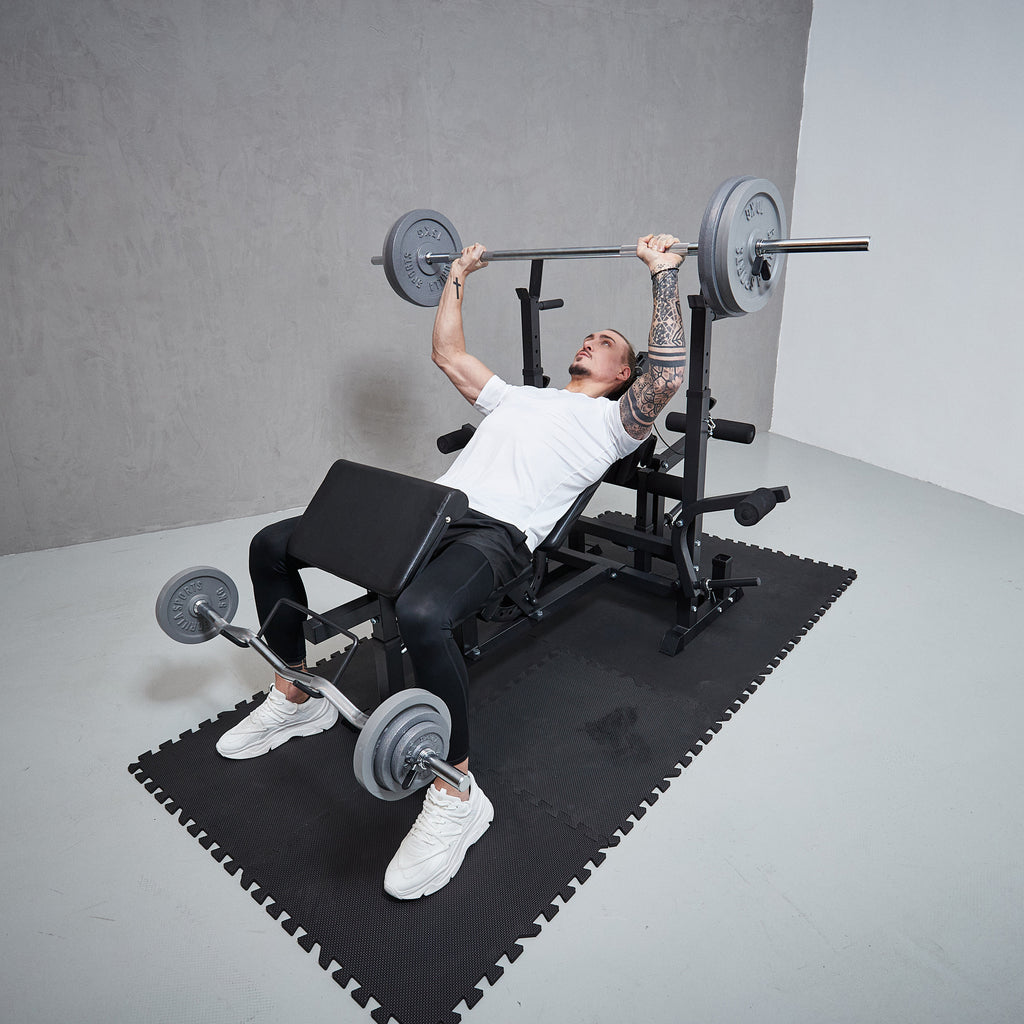 Daugiafunkcė treniruočių stotis + štangos rinkinys 108 kg