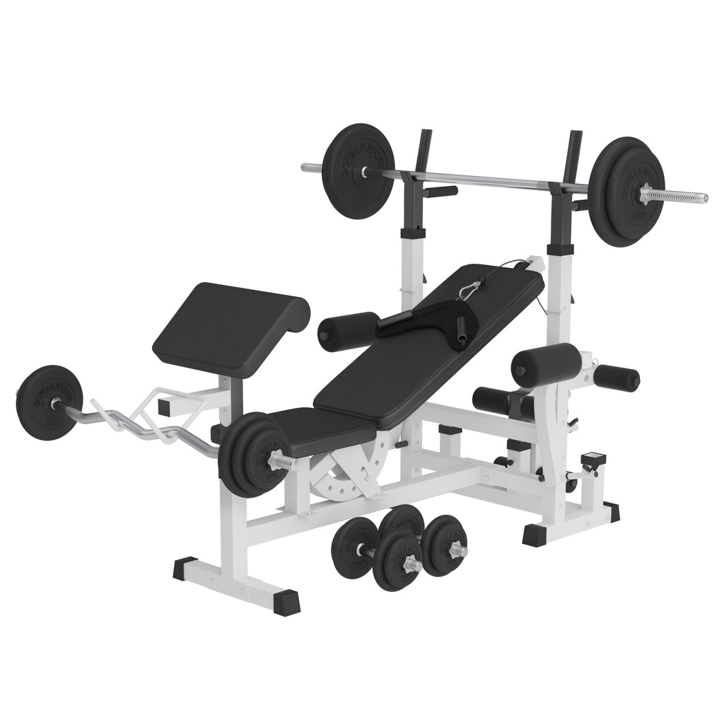 Universalus sunkumų kilnojimo suolas + 108 kg štangos rinkinys