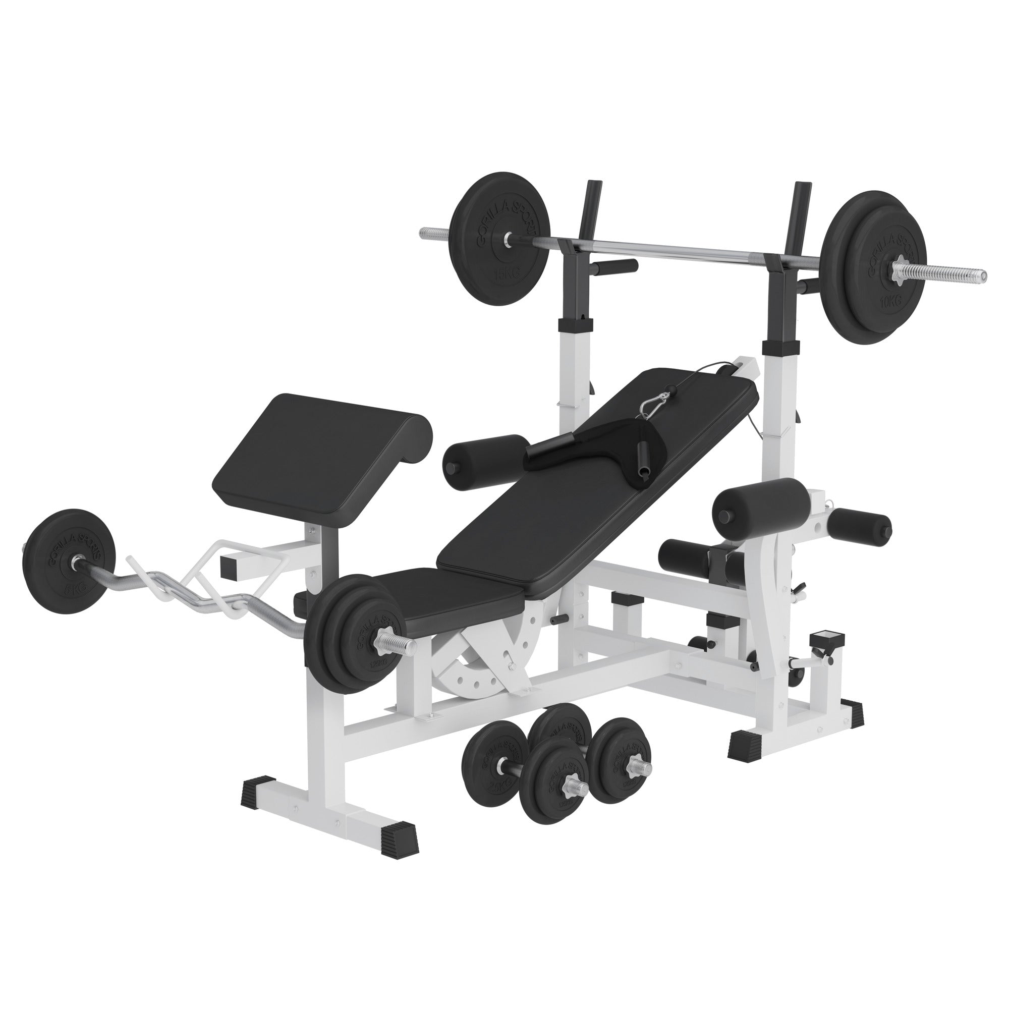 Universalus sunkumų kilnojimo suolas + 108 kg štangos rinkinys