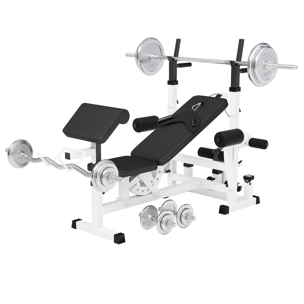 Universalus svorių suoliukas + štangos rinkinys 108 kg