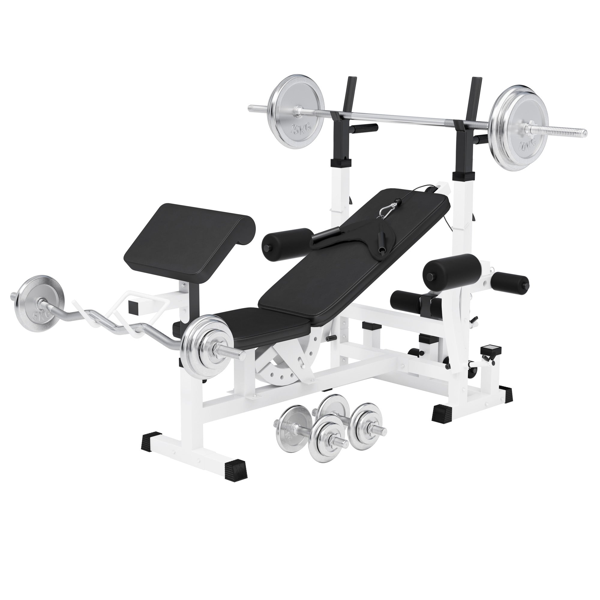 Universalus svorių suoliukas + štangos rinkinys 108 kg