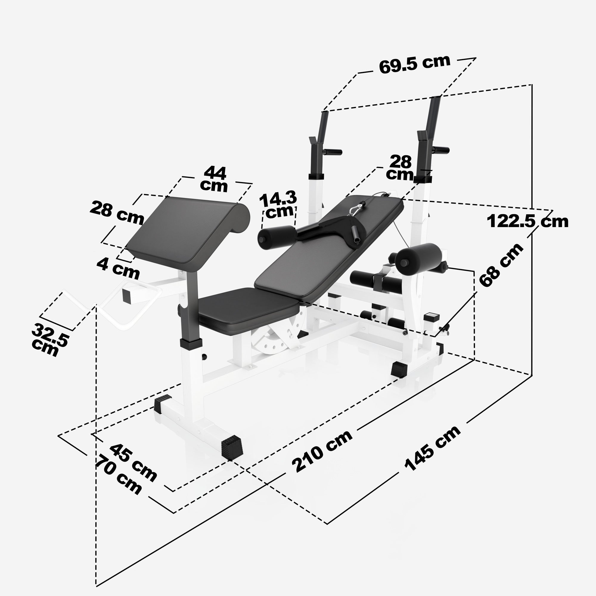 Universalus svorių suoliukas + štangos rinkinys 108 kg