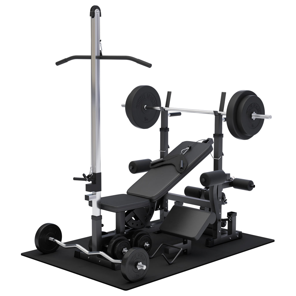 Universali namų treniruočių stotis su 100 kg svorių rinkiniu
