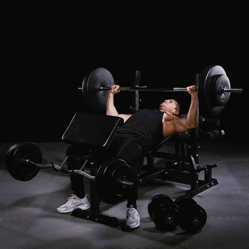 Universali namų treniruočių stotis su 100 kg svorių rinkiniu
