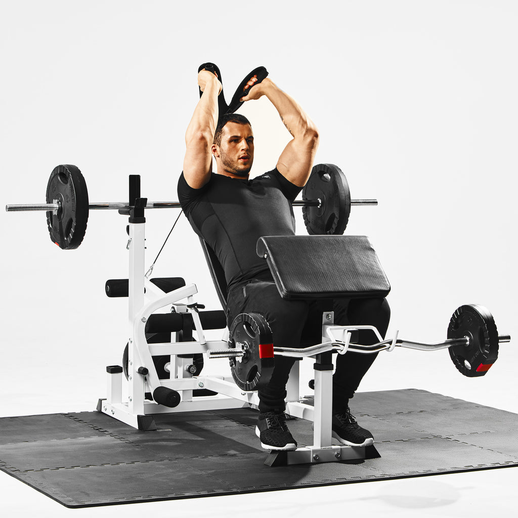 Universali daugiafunkcė treniruočių stotis + 100 kg štangos rinkinys