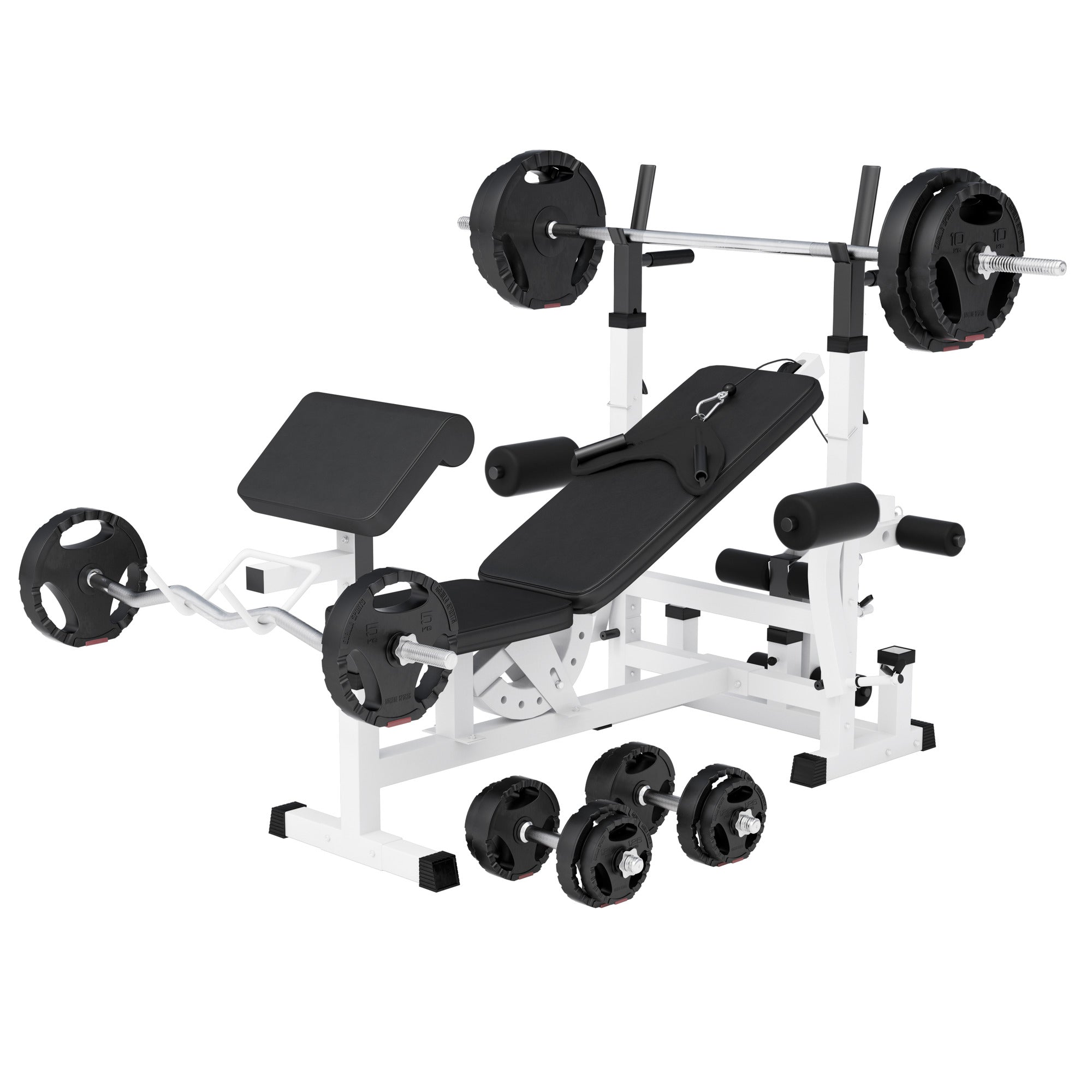 Universali daugiafunkcė treniruočių stotis + 100 kg štangos rinkinys