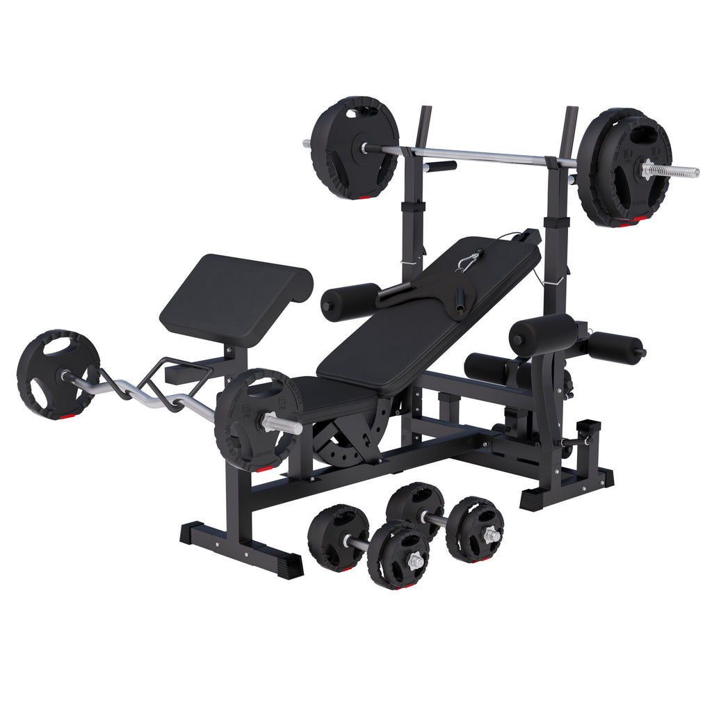 Universali daugiafunkcė treniruočių stotis su 100 kg Tri Grip svorių rinkiniu