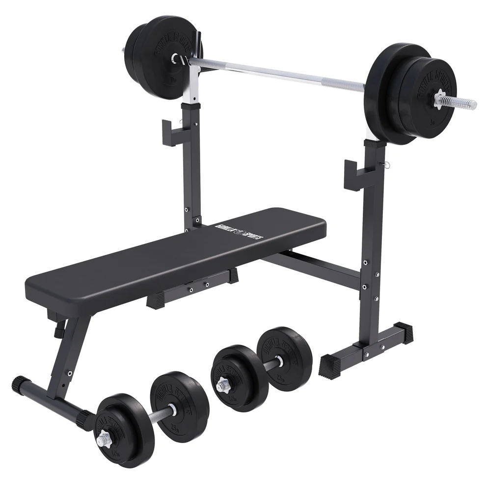 Sulankstomas svorių suolelis + 70 kg štangos rinkinys