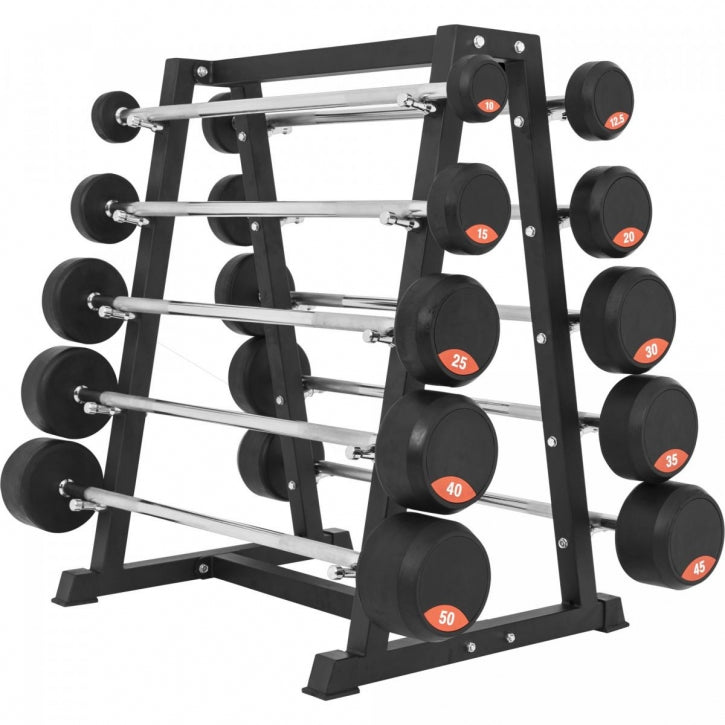 Fiksuoto svorio štangų rinkinys su stovu, 10 štangų 10–50 kg
