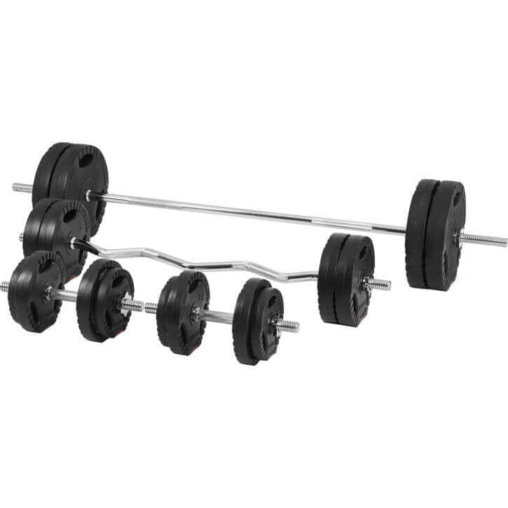 Reguliuojamas svorių kilnojimo suolas + 100 kg Tri Grip rinkinys, juodas