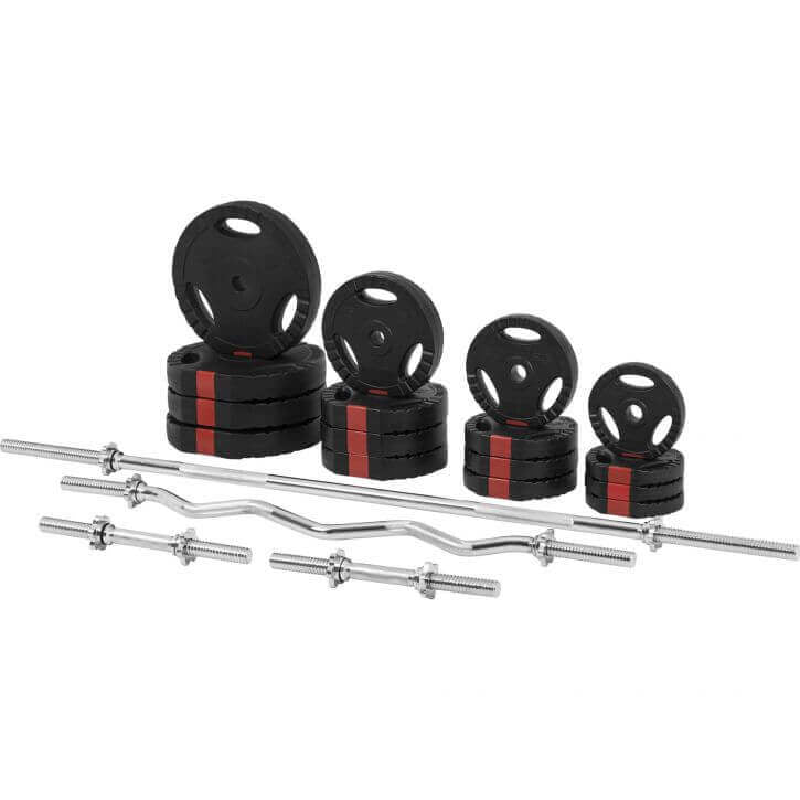 Reguliuojamas svorių kilnojimo suolas + 100 kg Tri Grip rinkinys, juodas