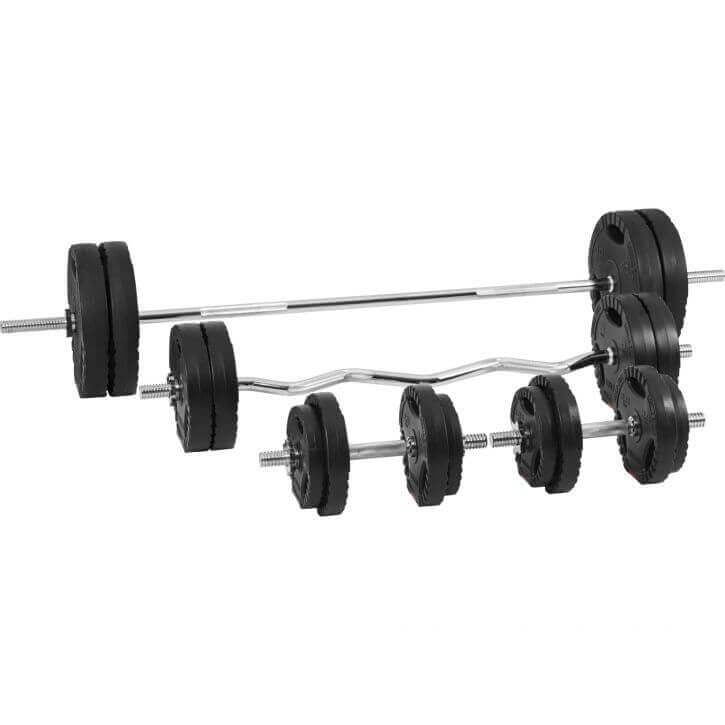 Reguliuojamas svorių kilnojimo suolas + 100 kg Tri Grip rinkinys, juodas